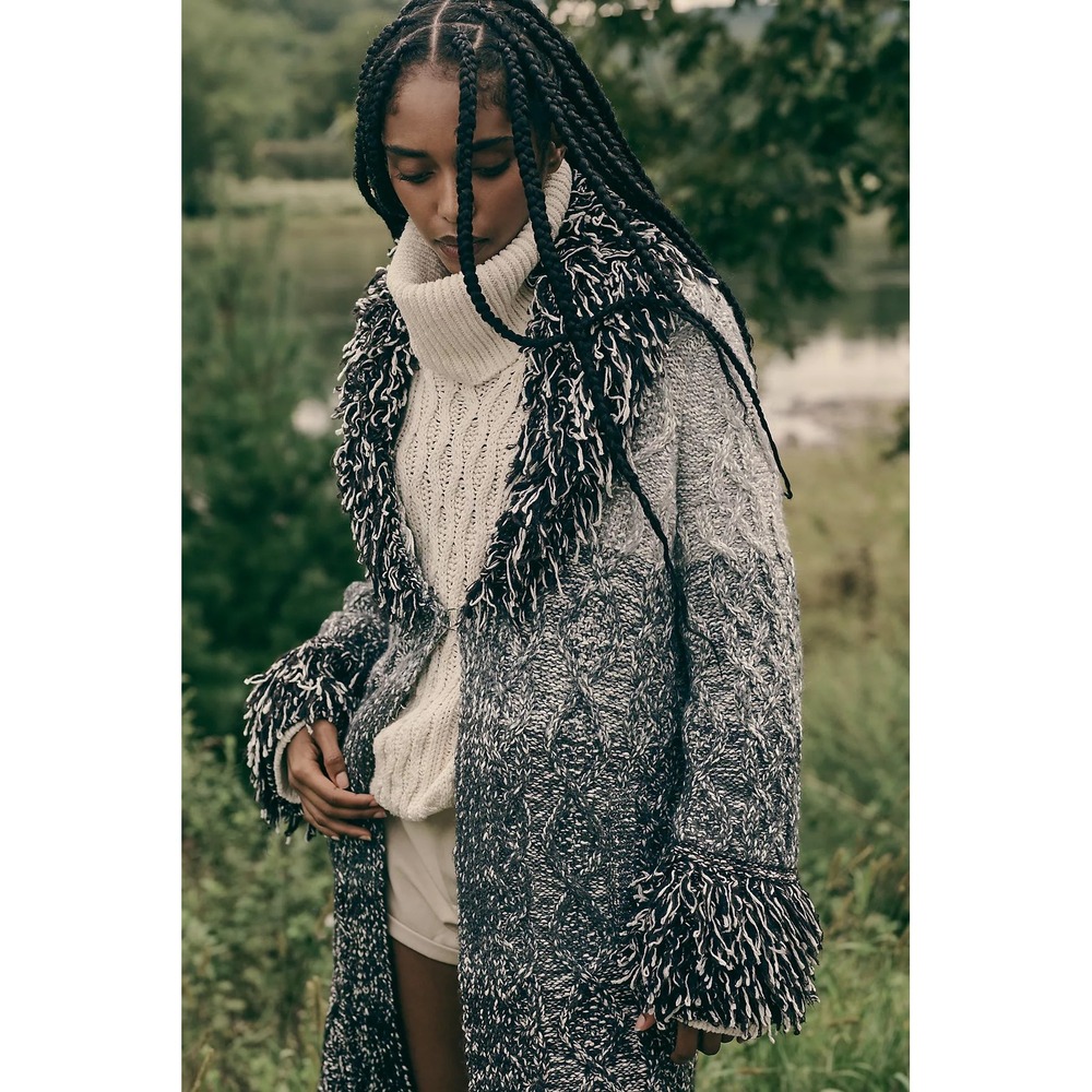 Pilcro Anthropologie Ombre Cable Knit Fringe Cardigan Sweater Grey Black Small